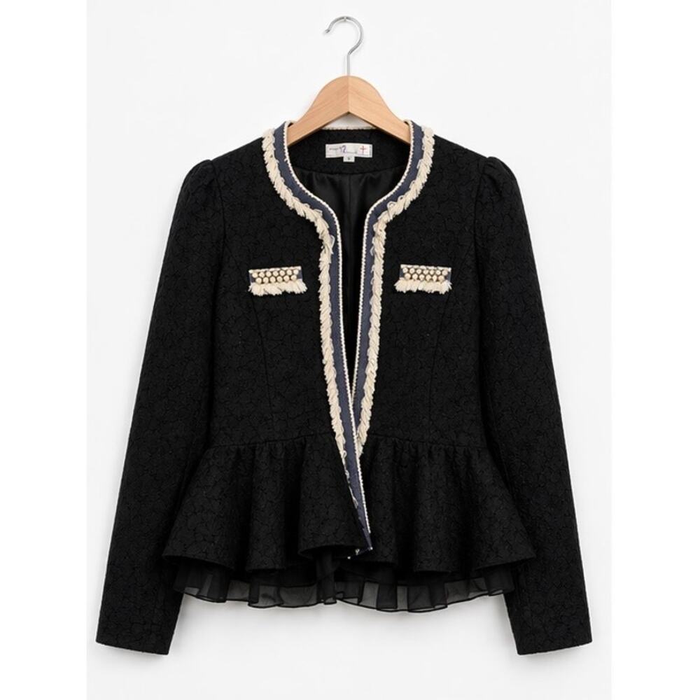 12 Month Black Textured Peplum Jacket Pearl Fringe Trim Blazer Size Small